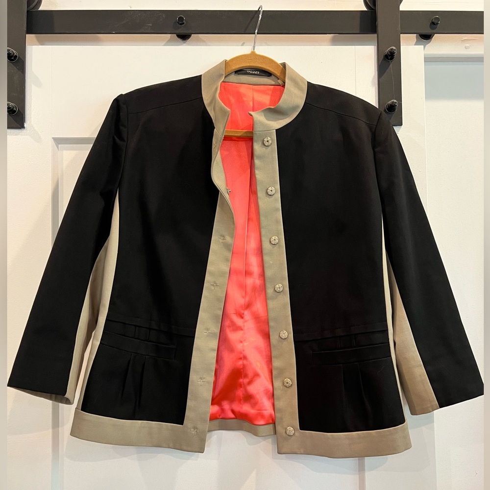Tahari Sz 12 Womens Black Beige Contrast Satin Lined Blazer Jacket Mandarin